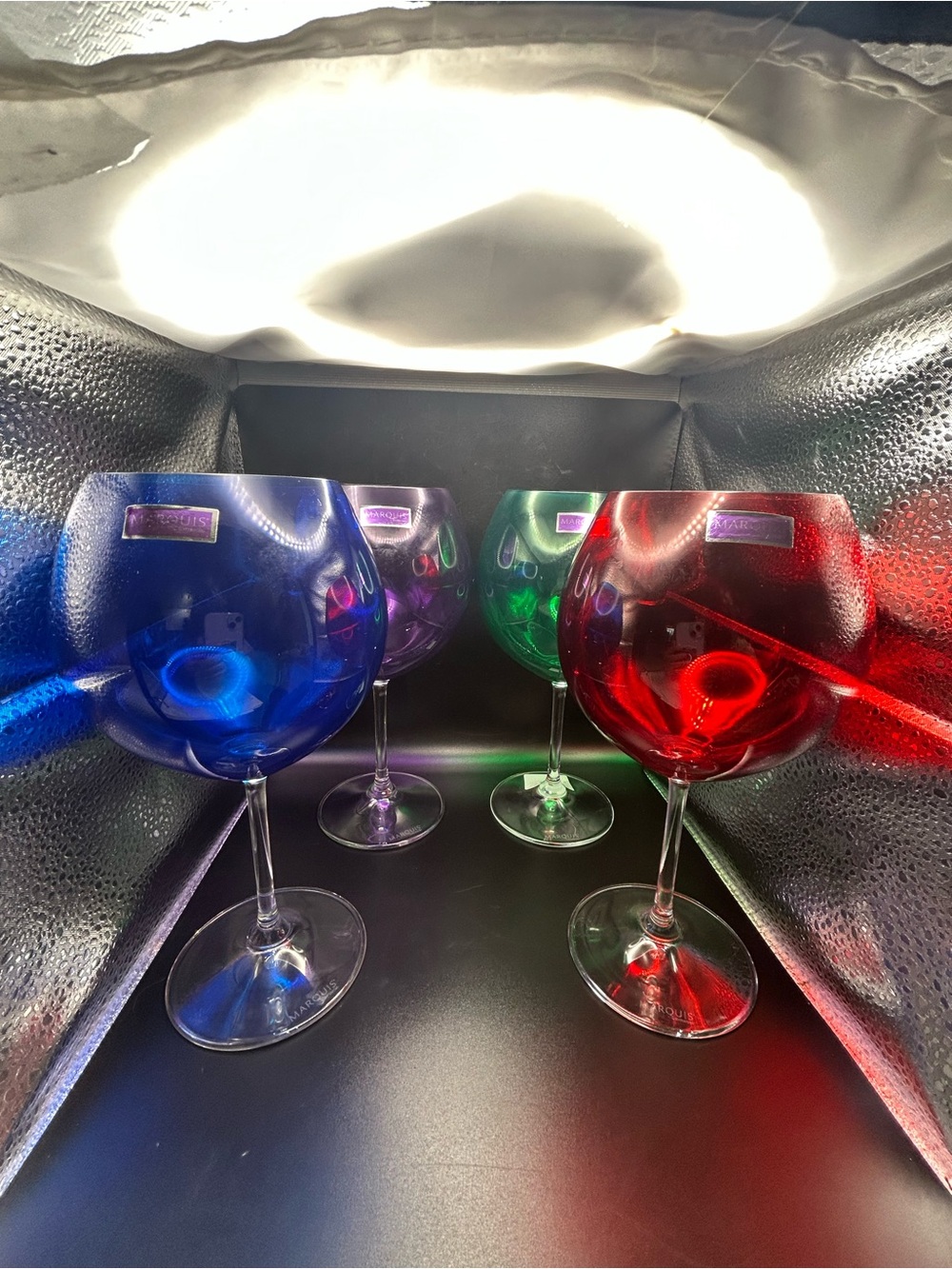 4 NEW  WATERFORD  MARQUIS AROMATIC RED BLUE GREEN VIOLET BALLOON WINE GLASSES